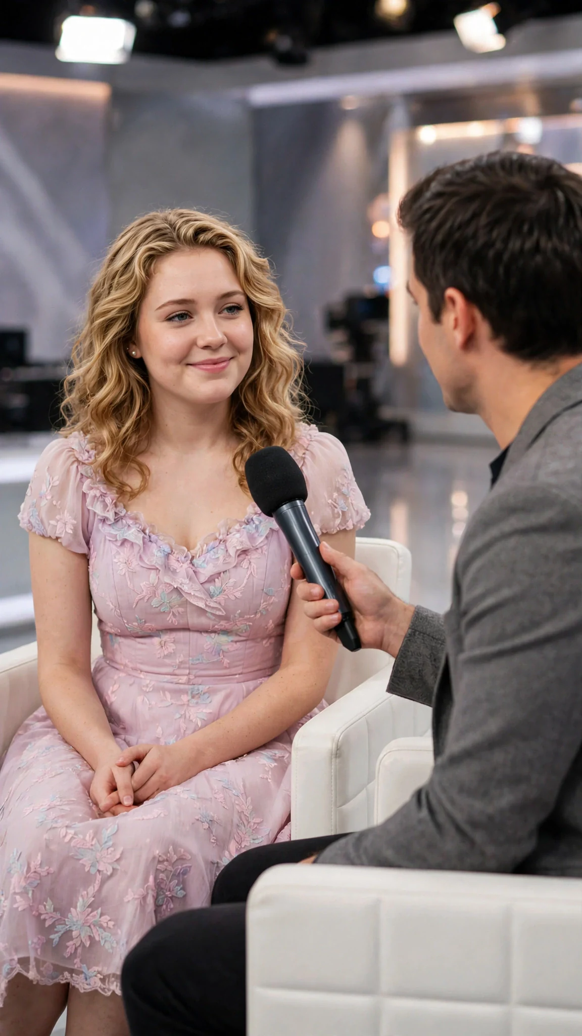 Cleo in a pastel dress smiles softly while the interviewer leans in with a microphone.