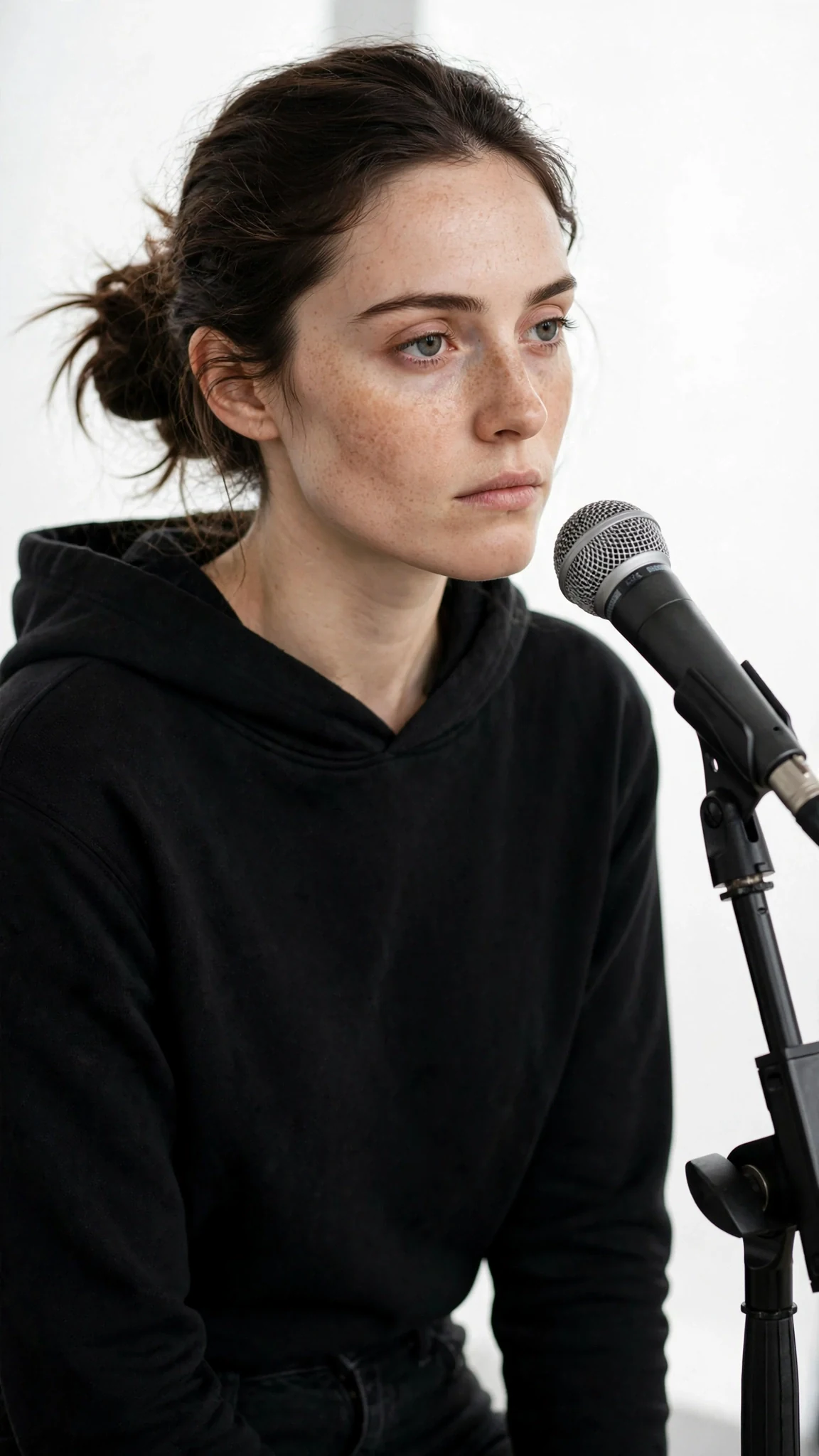 Daphne leans into the microphone with a flat, cold expression.