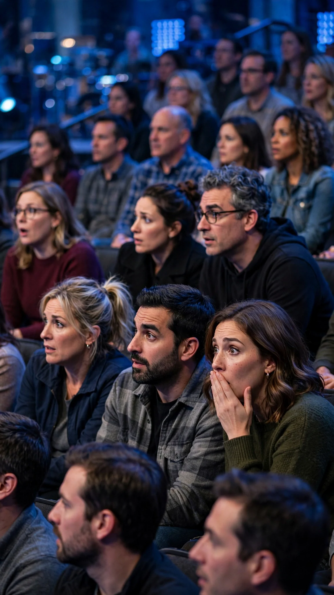 The studio audience murmurs, faces turned toward the stage in surprise.