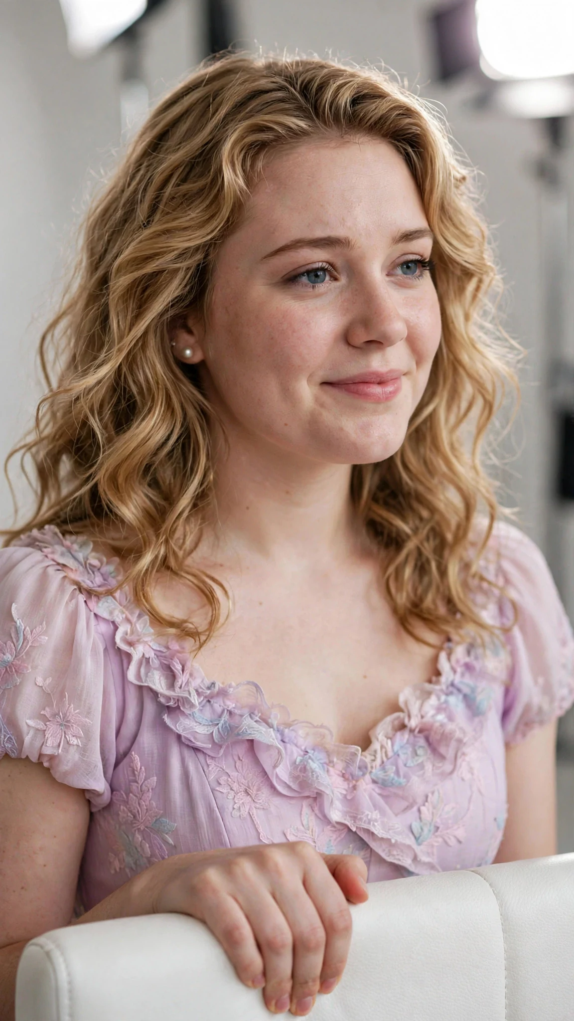 Cleo's smile holds, brittle, while her fingers tighten on the armrest.