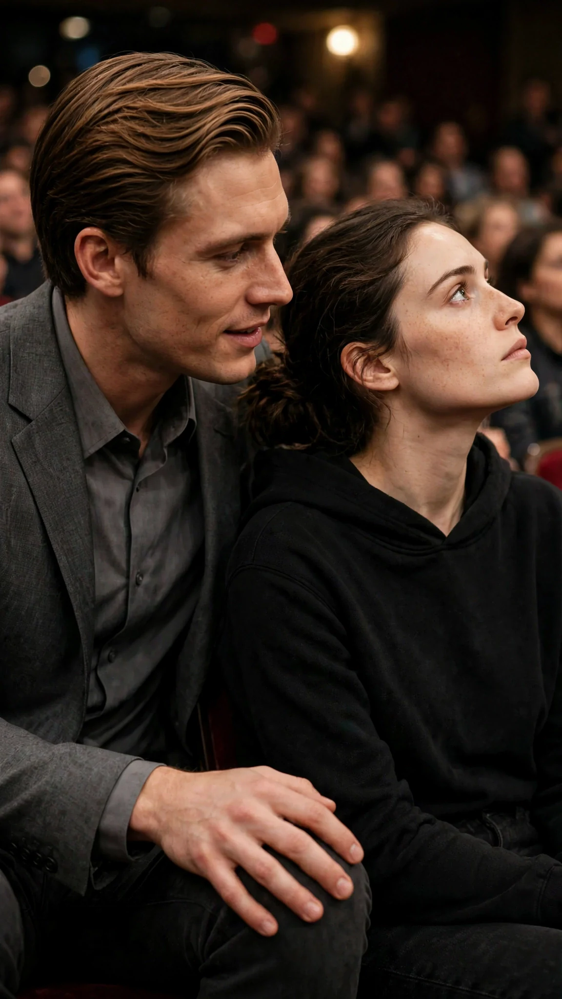 Julian leans in close to Daphne, one hand on her knee, speaking low.