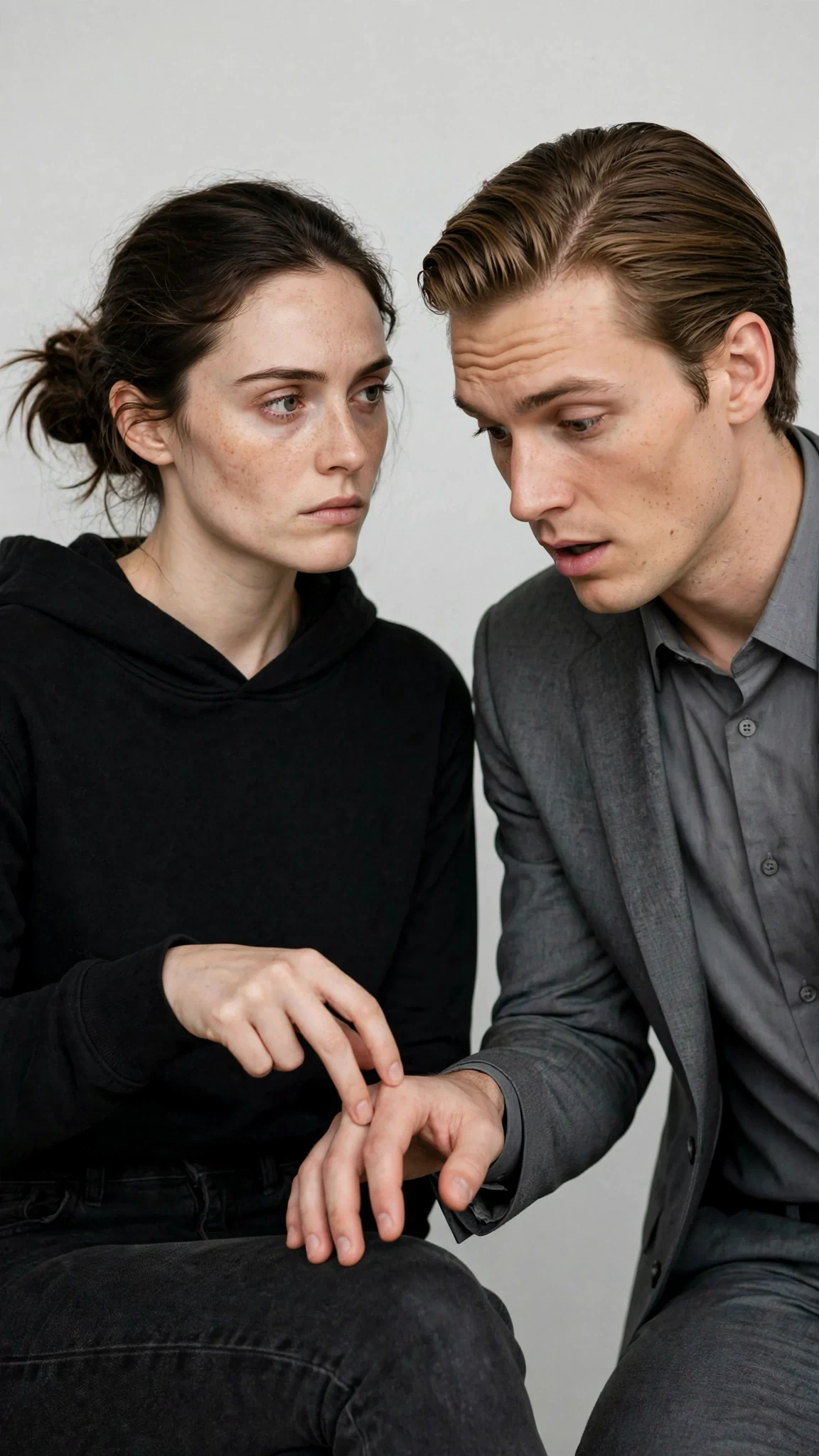 Daphne picks Julian's hand off her knee and drops it, face cold.