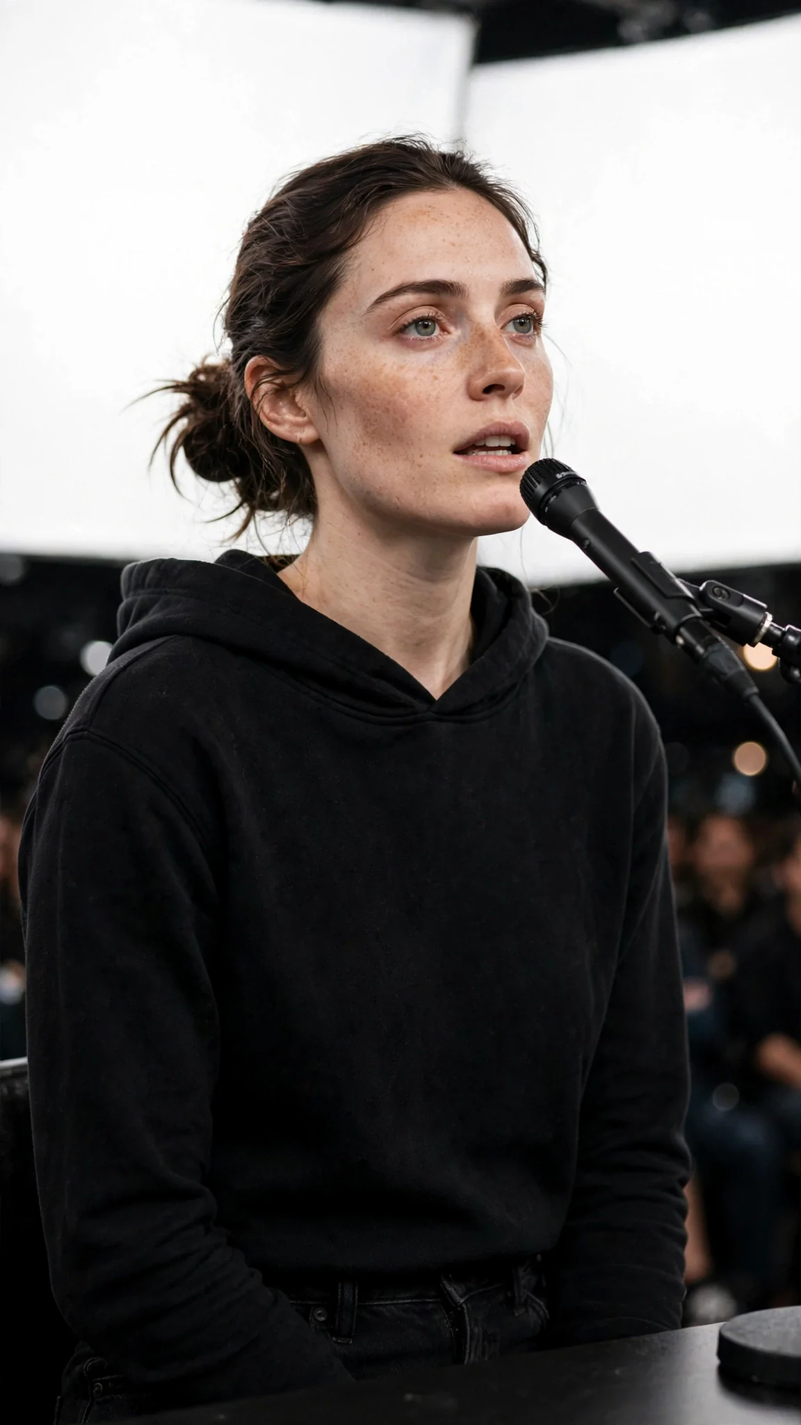 Daphne speaks into the microphone, chin up, eyes hard.