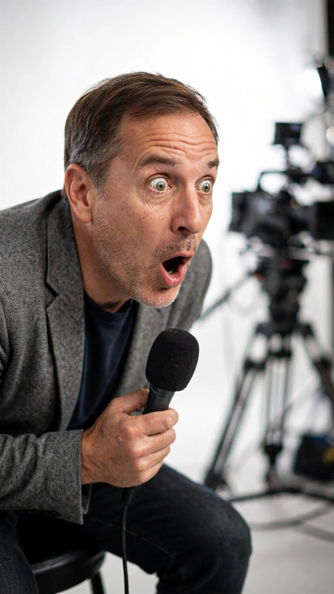 The interviewer sits forward with a stunned expression as the studio lights hum.