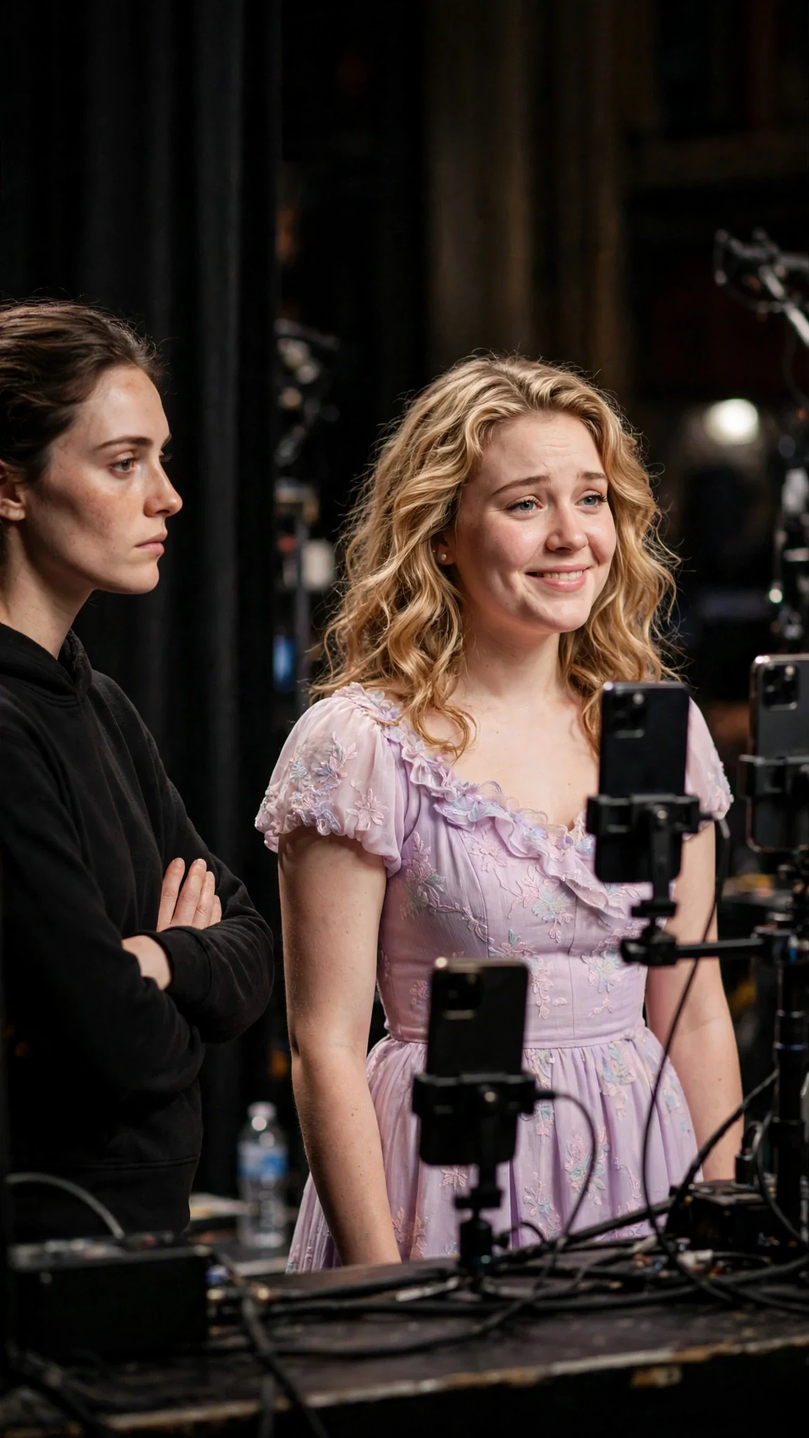 A small blonde singer stands in a bright stage spotlight while a dark-haired woman in a hoodie watches from the dark wing.