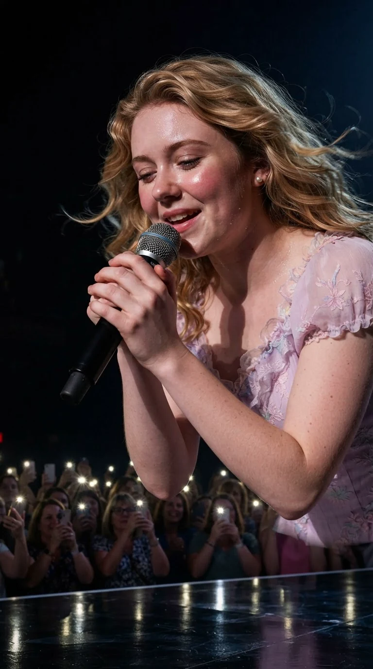 Cleo sings into a microphone with both hands, eyes closed, the crowd lit below her.
