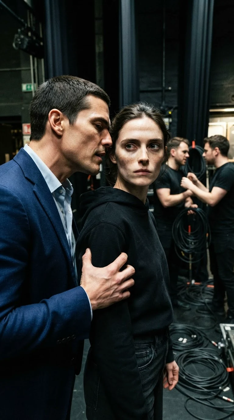 A broad-shouldered man in a navy blazer leans close to Daphne beside a speaker stack, his hand on her arm, crew watching.