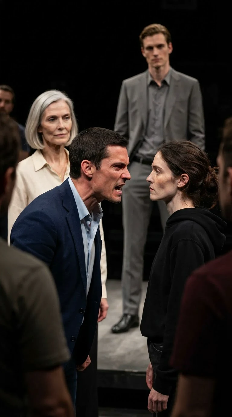 Gil's face twisted as he yells at Daphne, with Maura and Julian nearby backstage.