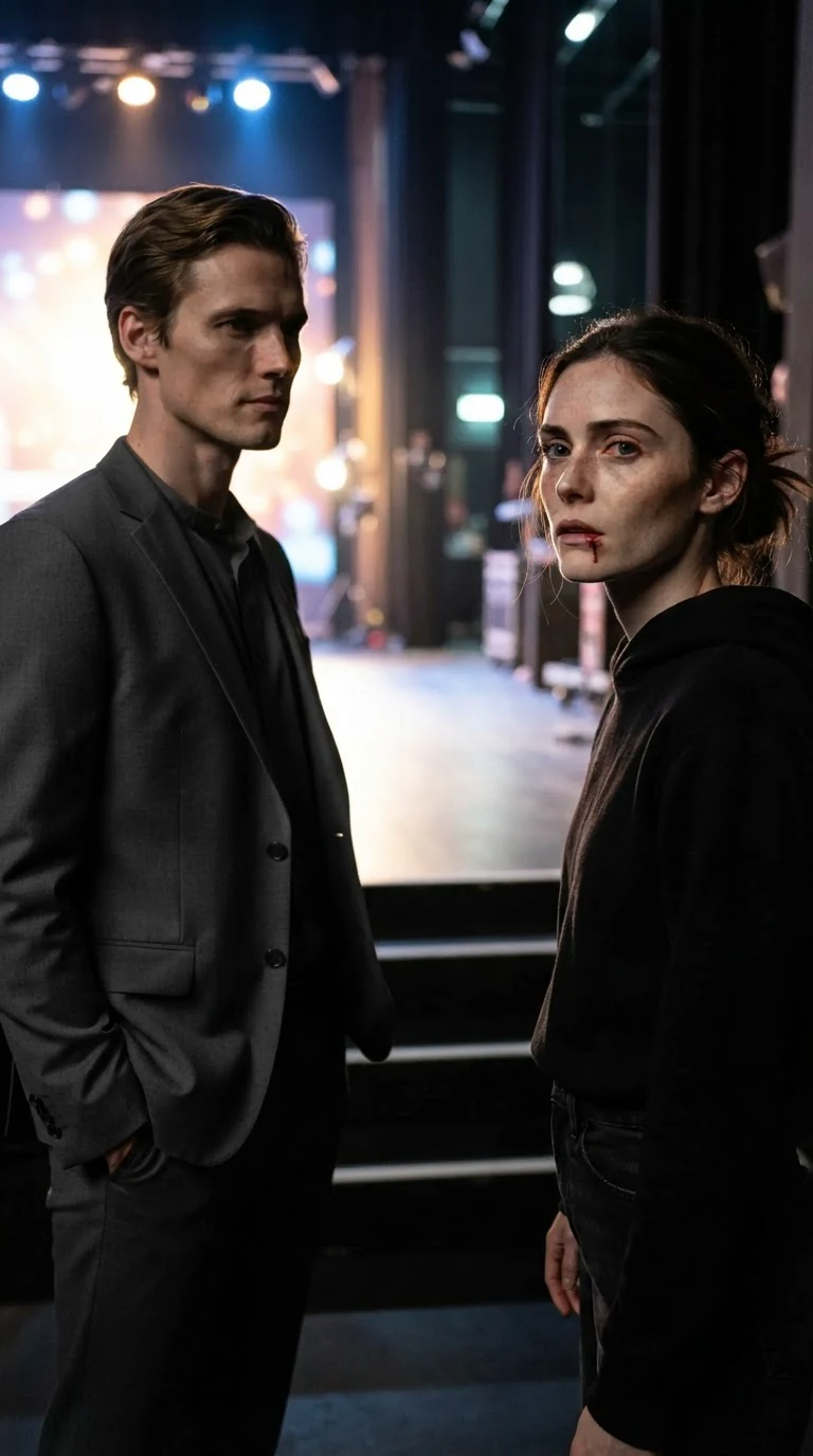 Julian in a gray suit stands backstage with his hands in his pockets while Daphne bleeds.