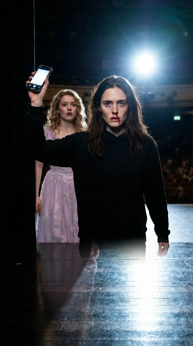Daphne steps into the spotlight holding up her phone, blood still on her mouth.