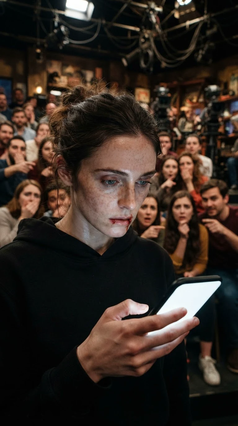 Daphne's thumb on her phone screen as her own voice fills the studio, the crowd's faces starting to change.