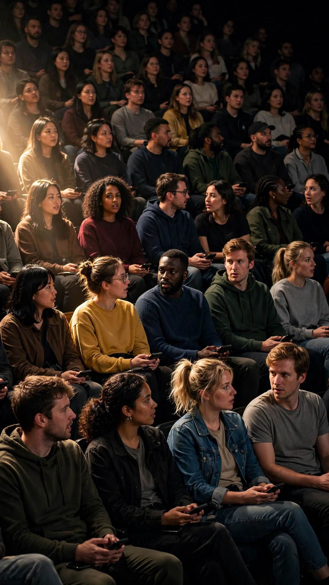 The studio crowd sits motionless, phones half-lowered, listening.