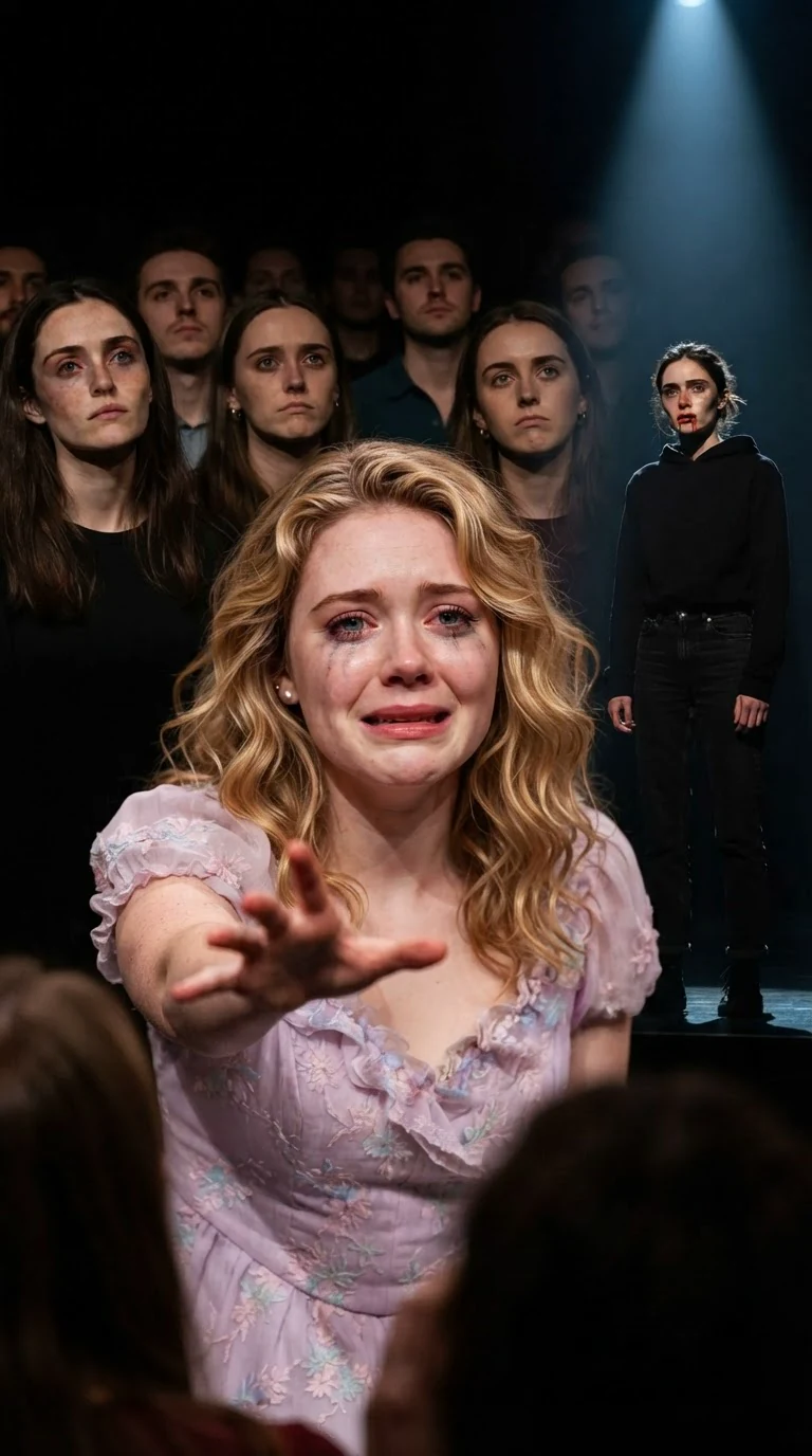 Cleo crying on stage with mascara smeared, reaching toward the crowd, while the crowd only watches her.