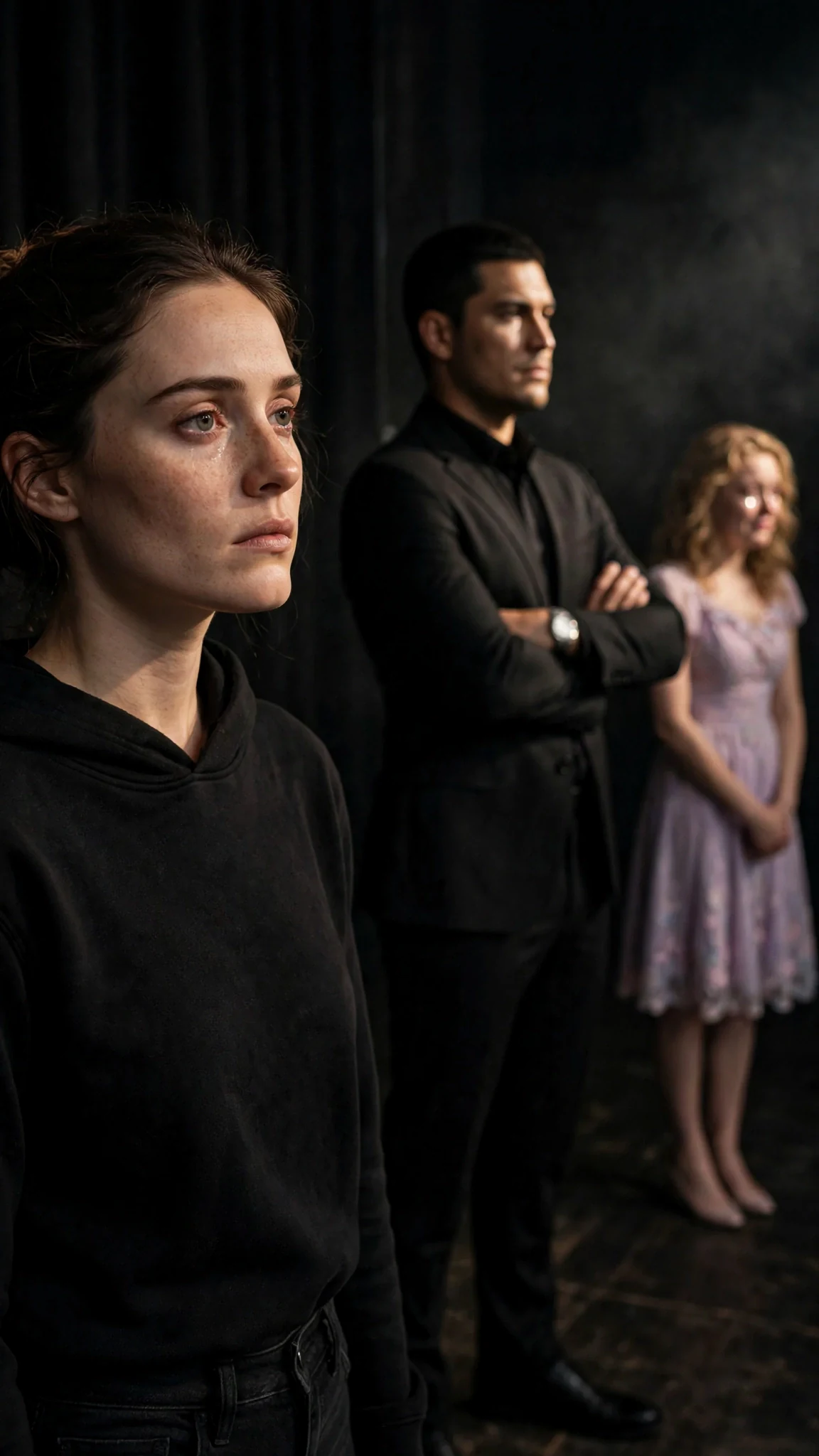 Soren in a black suit stands in the shadow at the back of the stage, arms crossed, watching Daphne.