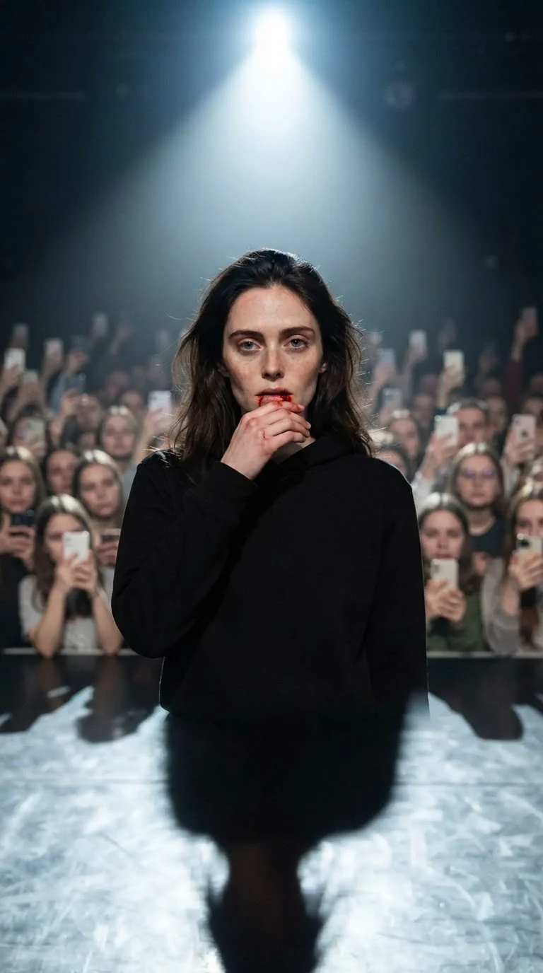 Daphne center stage, bloody lip, wiping it with the back of her hand, facing the silent crowd.