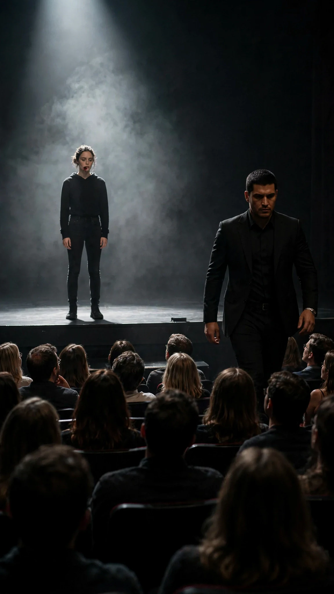 Daphne alone in the spotlight facing a completely silent audience as a tall man in black steps forward from the shadows.