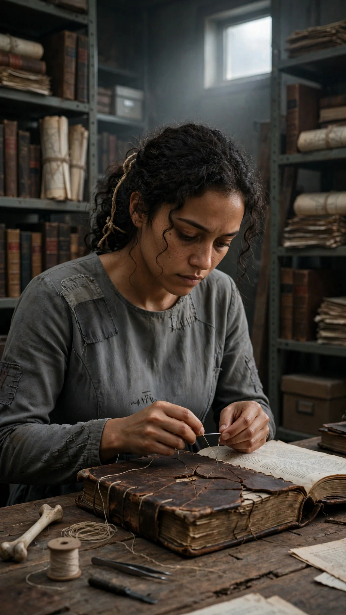 A tired young woman in a mended gray dress sews the spine of a huge old leather book in a cold archive at dawn.