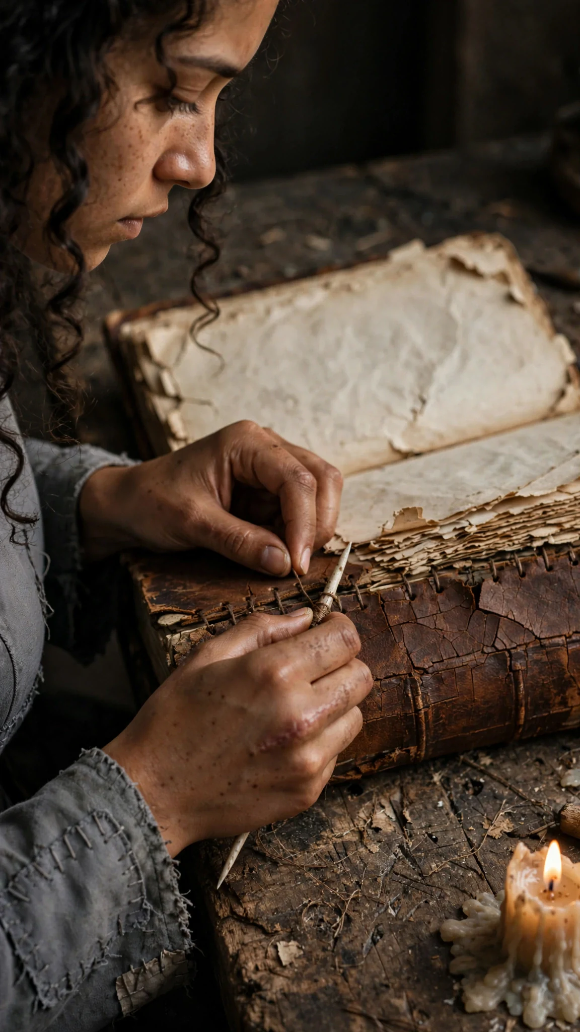 Close view of cracked brown leather and a needle pulling thread through old paper.
