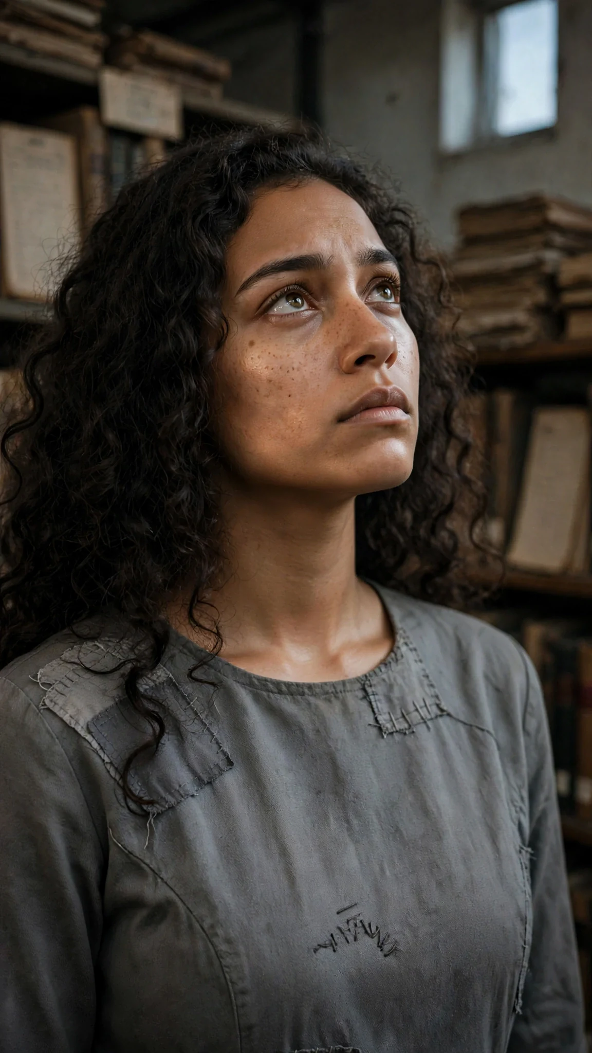 The young archivist glances toward a small high window with a stubborn, proud expression.