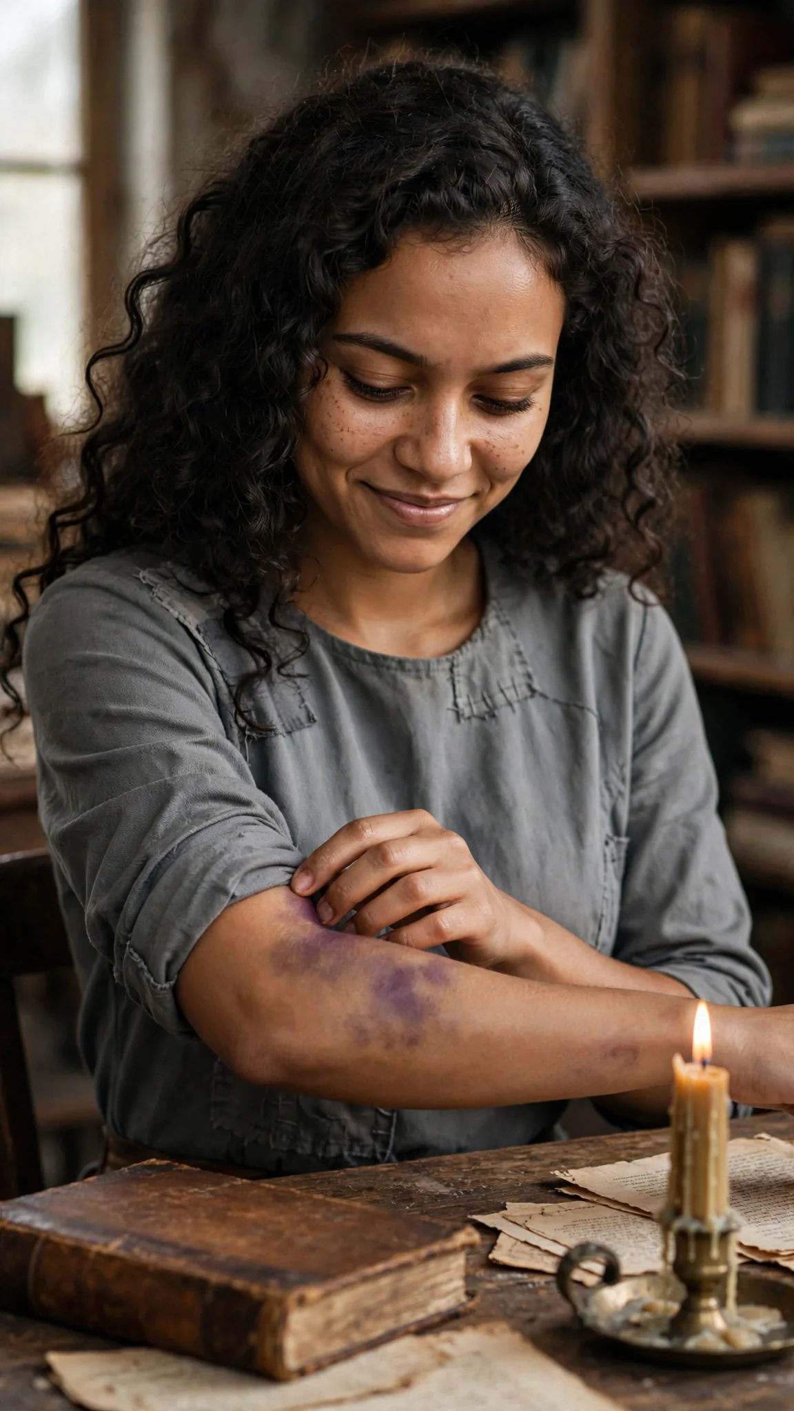 The archivist pushes her sleeve up, showing a purple bruise on her forearm.