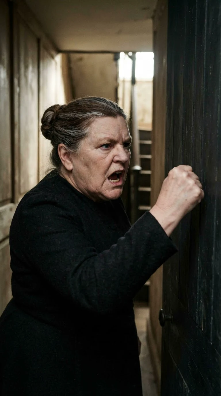 A stout older woman in a dark wool dress pounds her fist on a heavy wooden archive door.