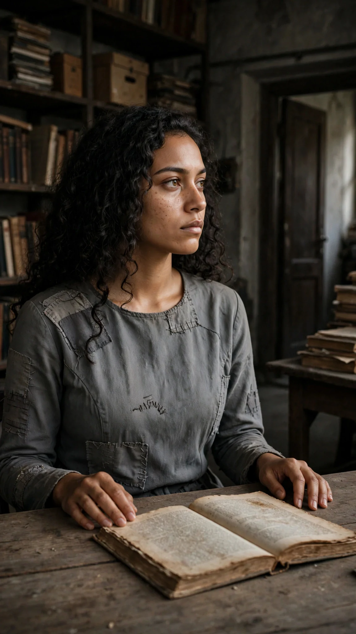 Inside the archive, the young woman sits very still, listening, her hands flat on the table.