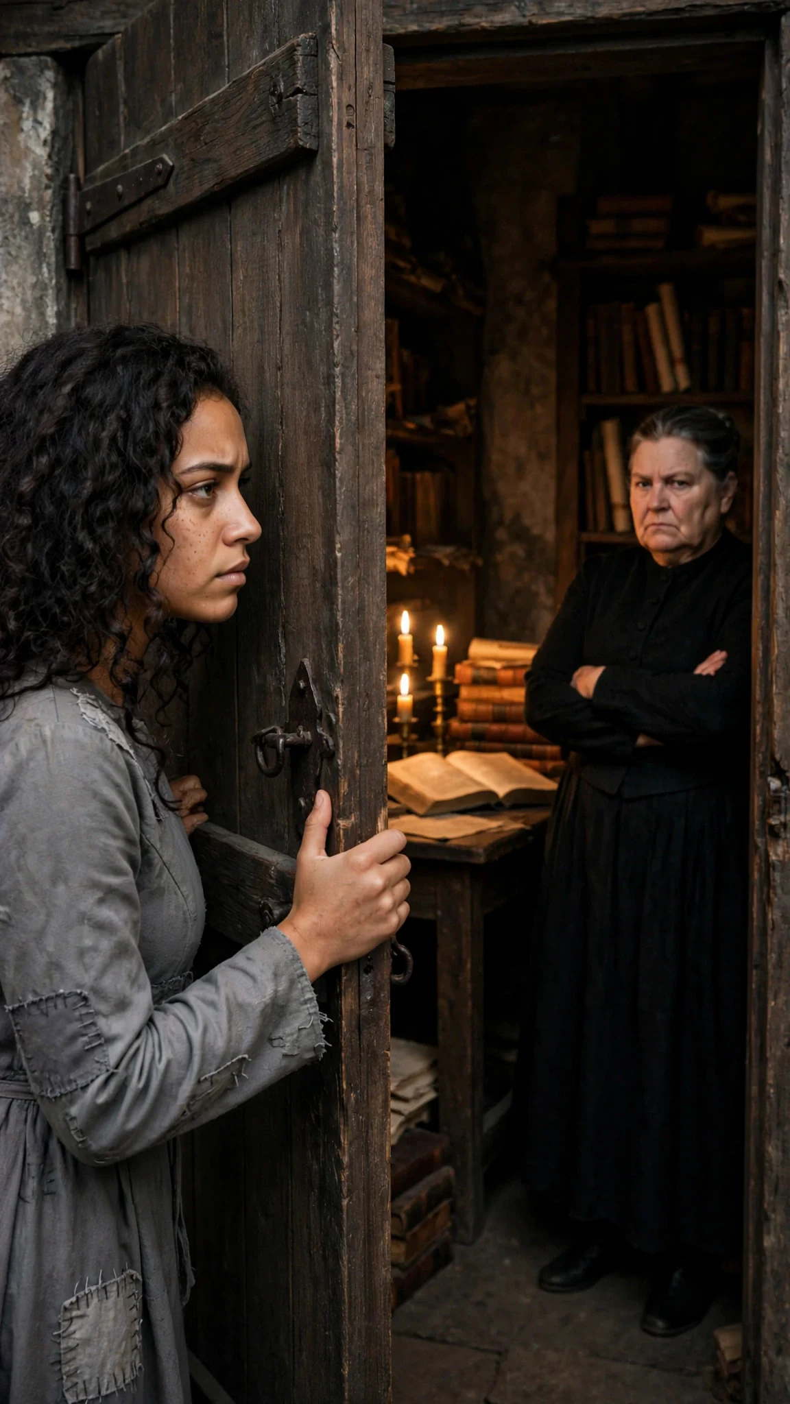 The young woman opens the heavy door with one hand, the old book behind her on the table.