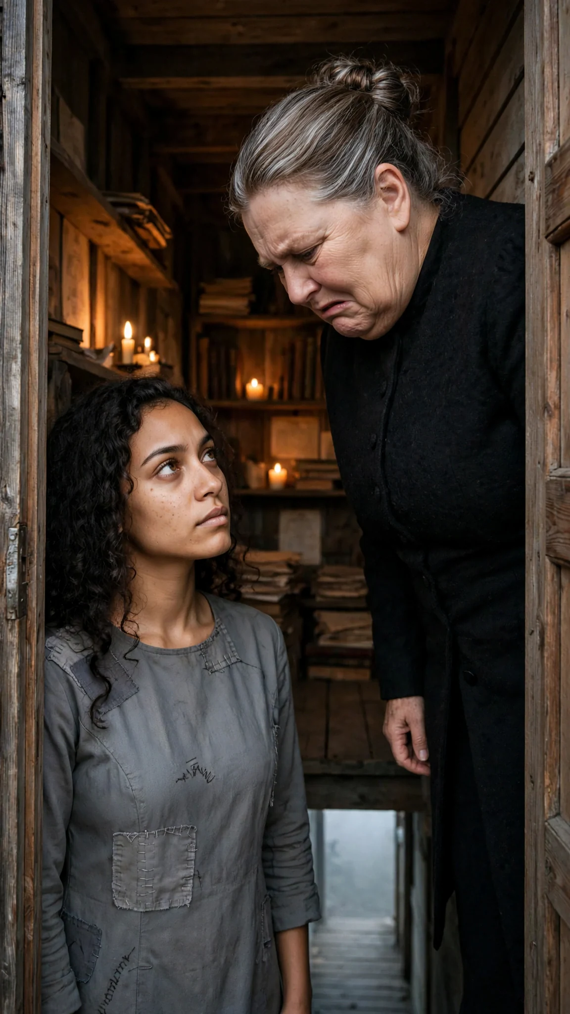 The older woman looks the younger one up and down with open disgust in the corridor.