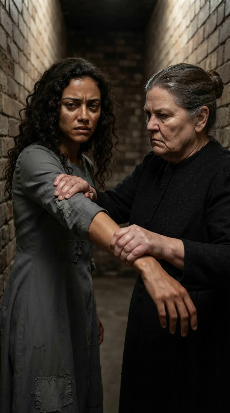 The older woman's hand clamps hard around the younger woman's wrist, dragging her forward.