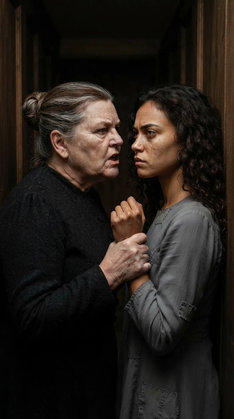 The older woman leans close, speaking hard into the younger woman's face.