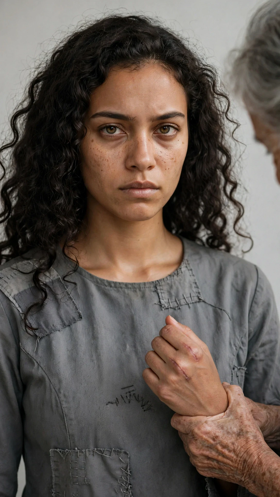 The young woman answers with a flat, steady face while her wrist is still held.