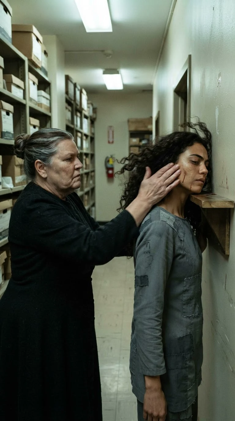 The slap lands, the young woman's head snapping sideways into a shelf corner.