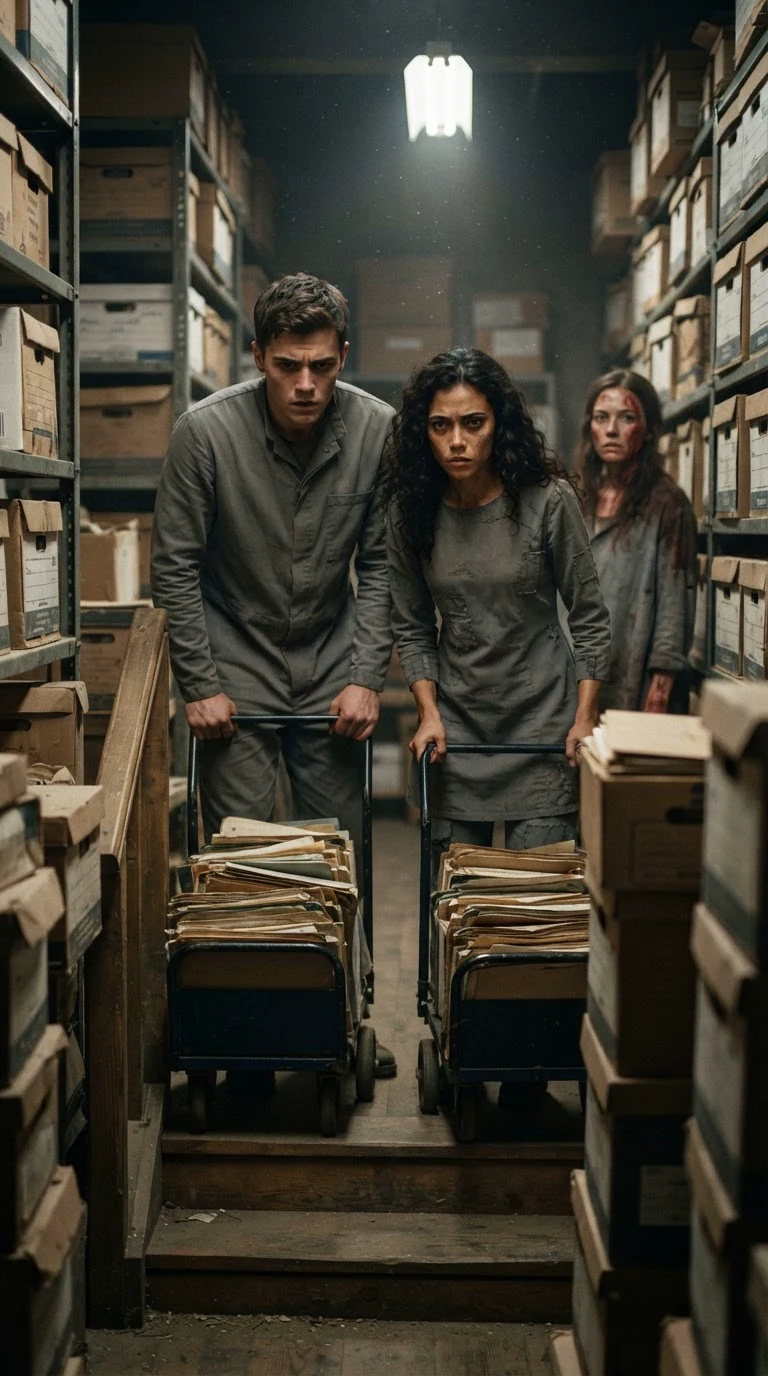 Two young archive runners with carts of files stop on the stairs and stare at the floor.