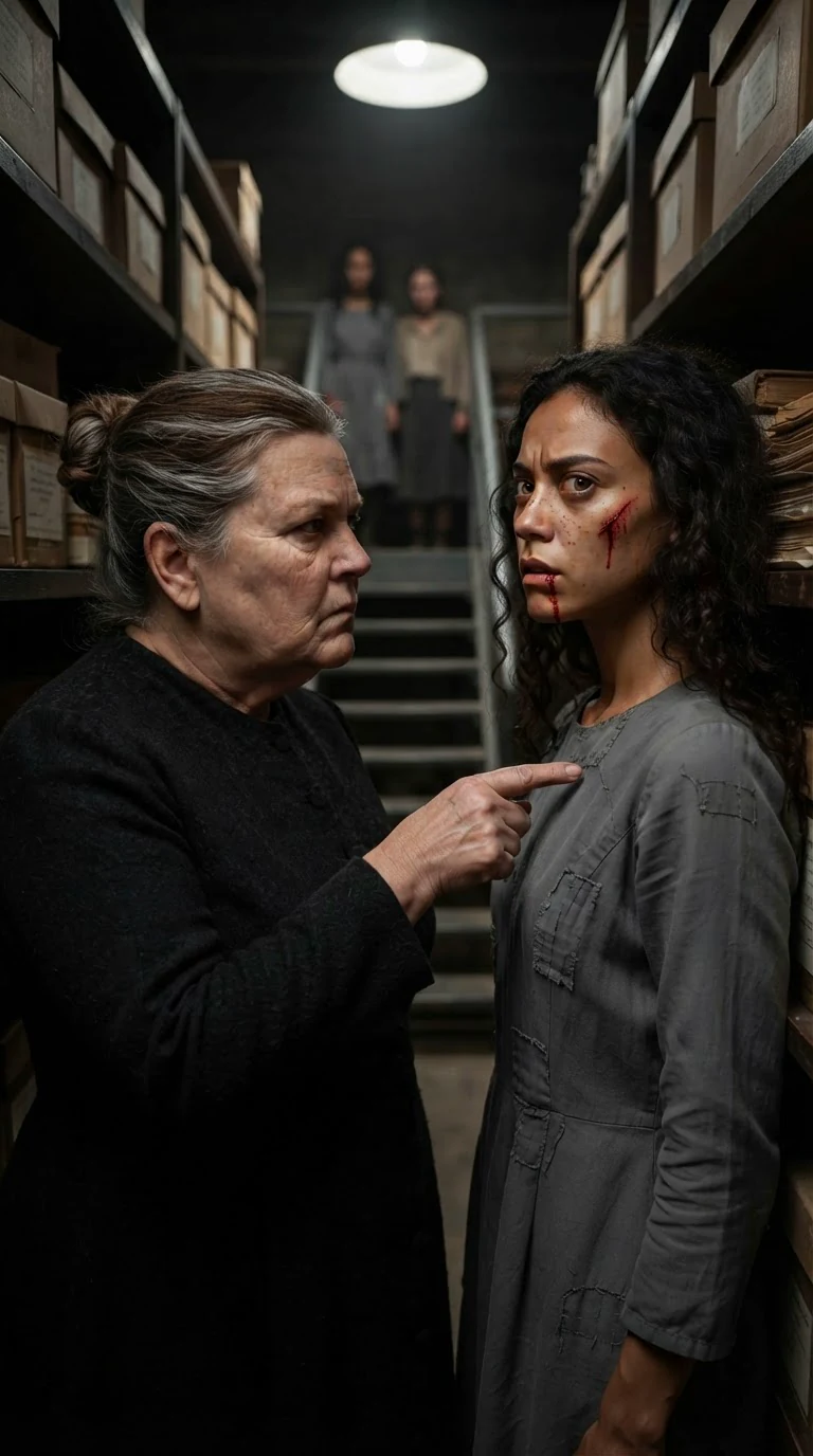 The older woman points a thick finger at the bleeding young woman's chest.