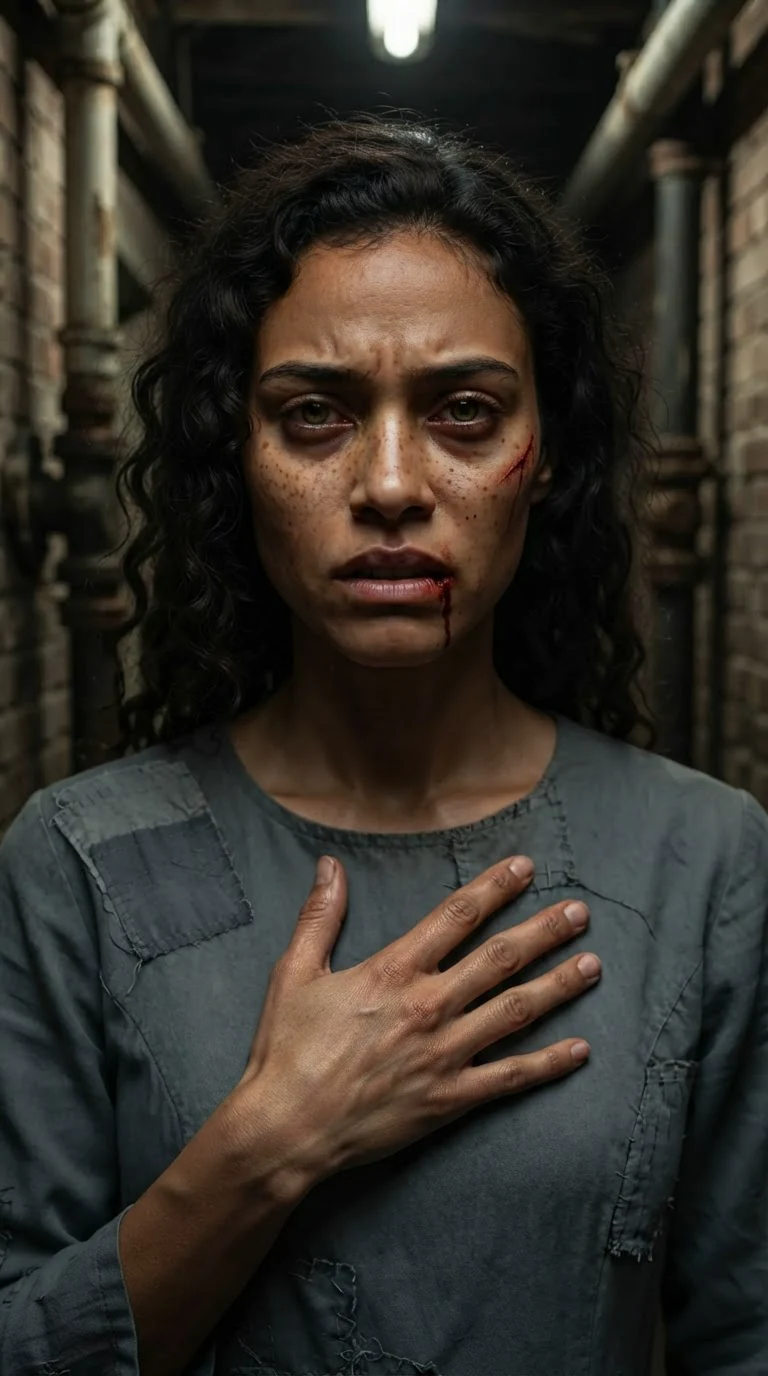 The bleeding young woman stares at nothing, jaw tight, holding herself still.