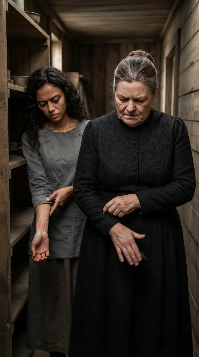 The older woman releases the wrist and steps back, wiping her palm on her dress.