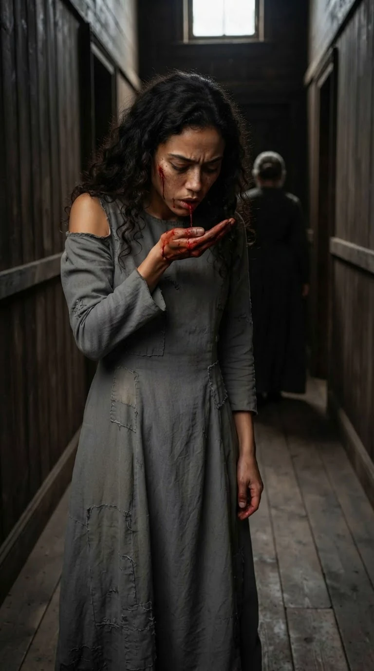 The young woman stands alone in the corridor, spitting blood into her palm.