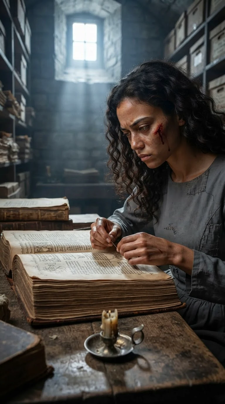Back at the table, the young woman sews the page with blood still on her face.