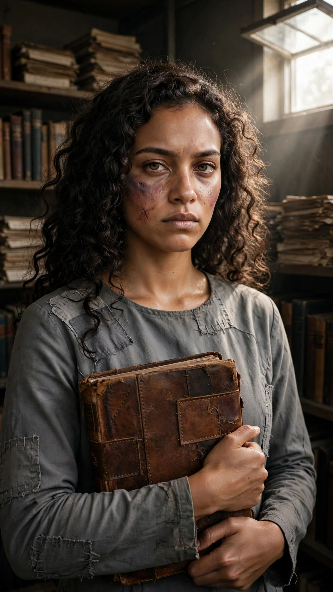 The young woman stands at the small window with the finished book closed in her arms.