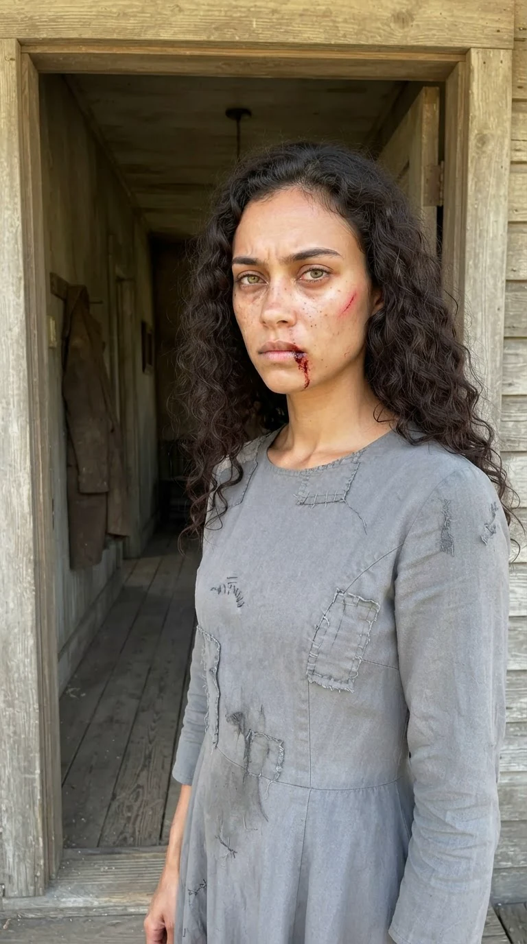 Riona stands in a doorway at midday with dried blood at her mouth.