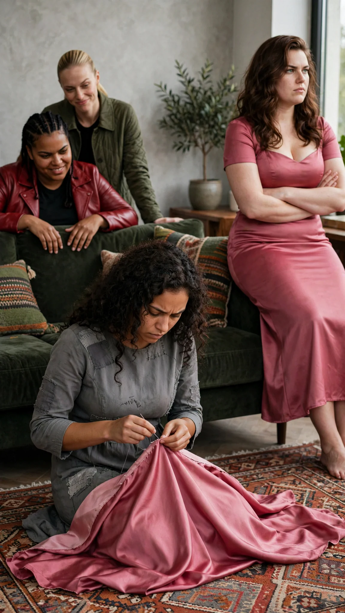 Riona kneels on a rug with a needle while Selba stands over her.