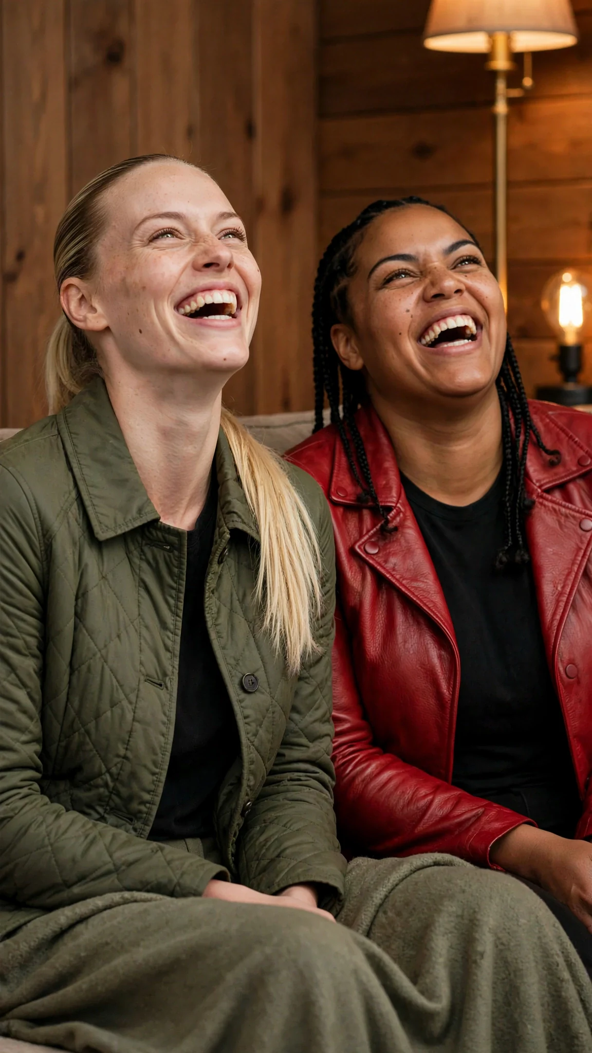 Dessa and Kiva laugh on the couch.