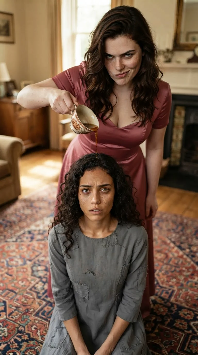 Selba holds a cup of dark tea over Riona's head.