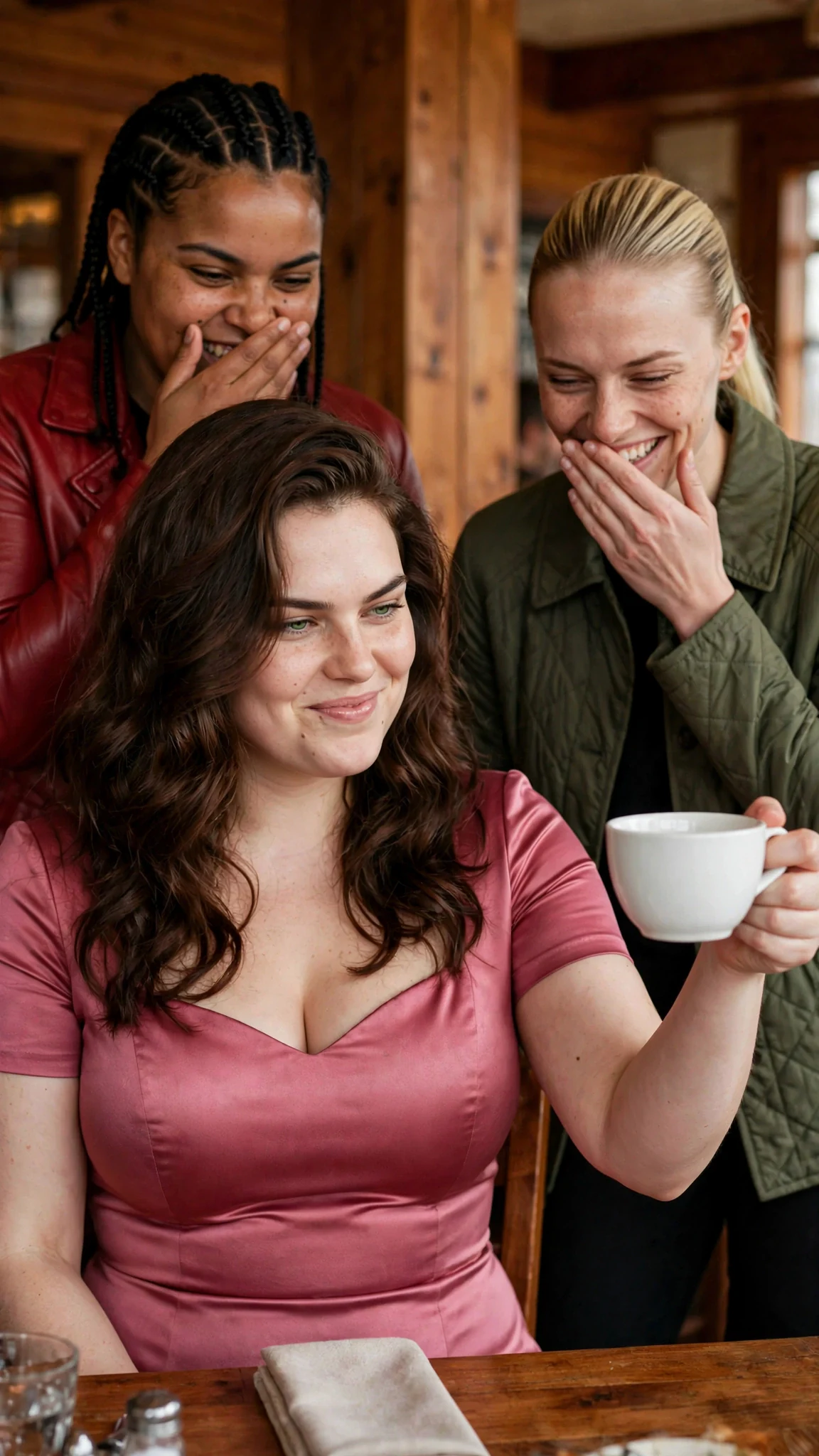 Selba smirks with the empty cup in her hand.