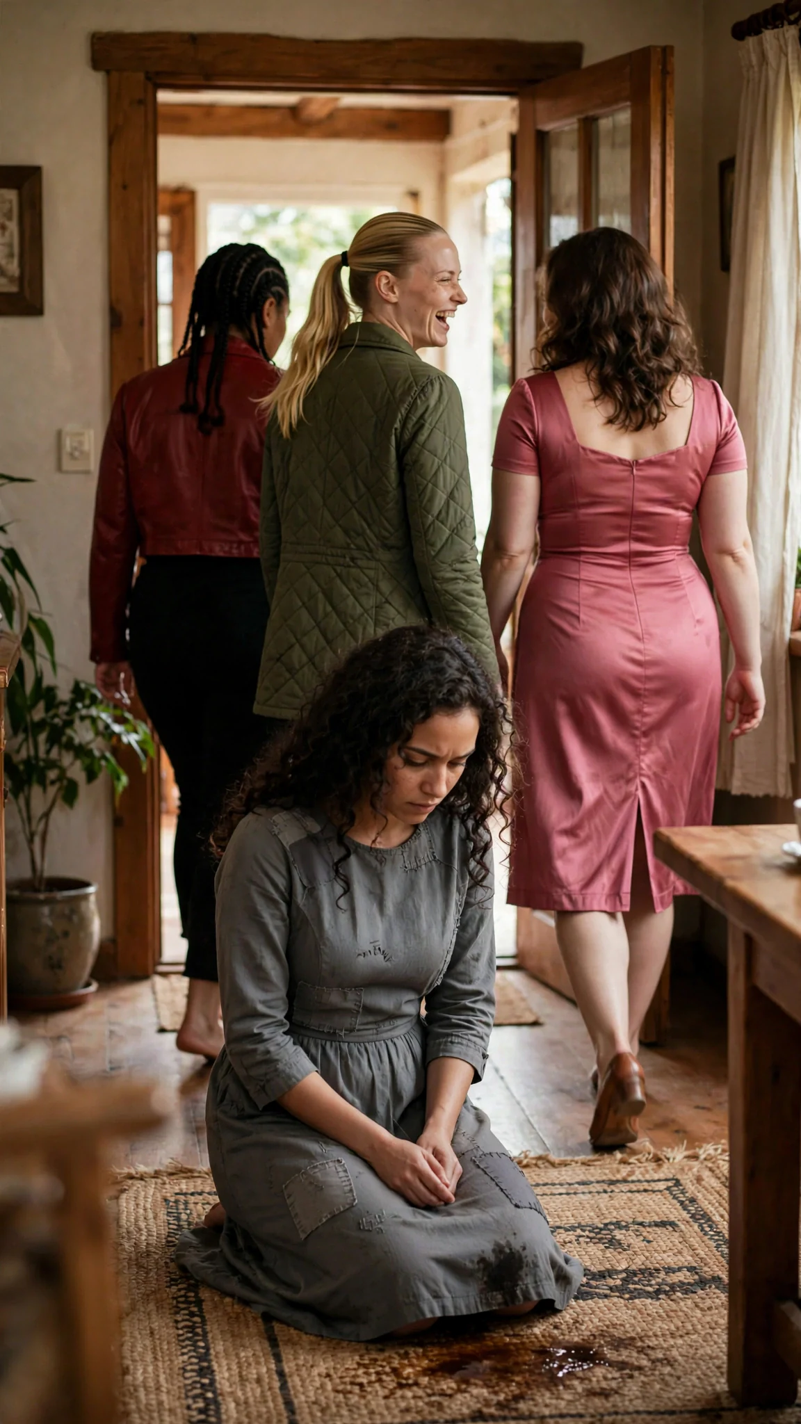 The three women leave the room while Riona stays on her knees.