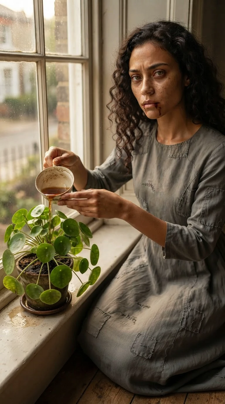 Riona pours the rest of the dark tea into a potted plant.