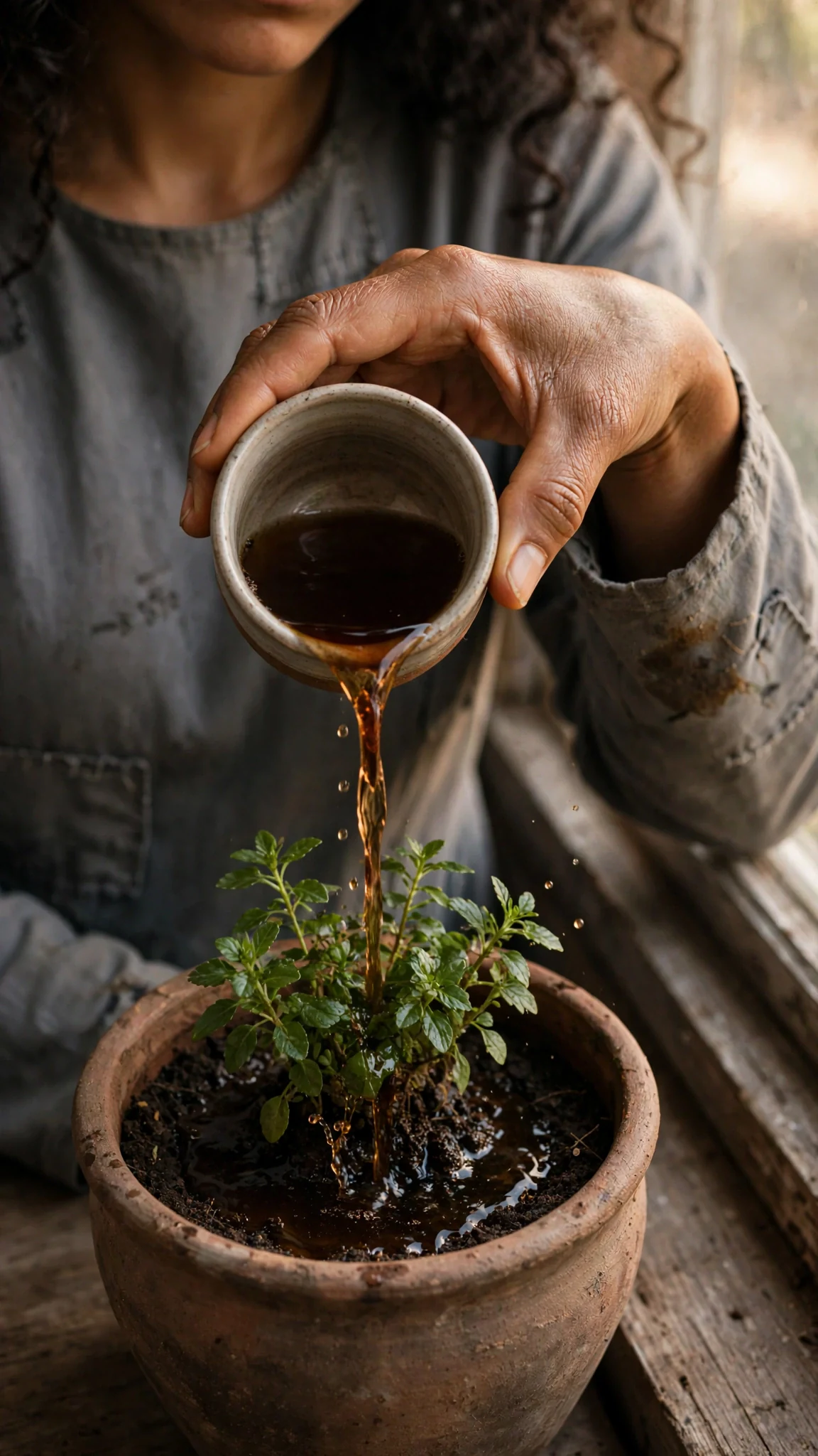 Close on dark tea soaking into the soil of the plant.