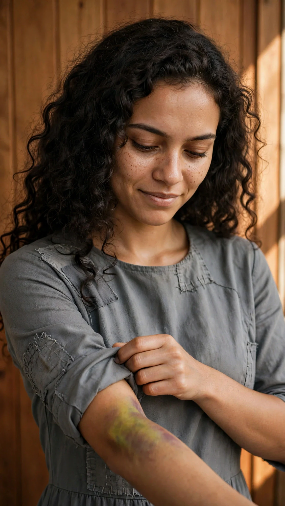 Riona looks at the fading bruise on her forearm.