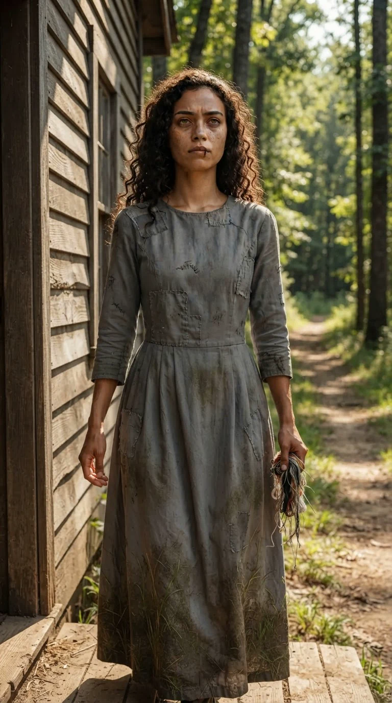 Riona walks out the door into daylight toward the archive.