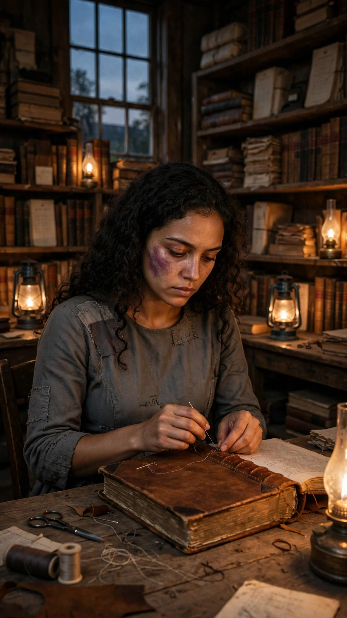 Riona alone at the archive table at dusk, bruised cheek, an old leather book open in front of her.